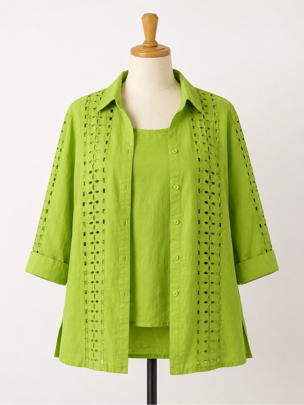 Lino USA 100% Linen 2-Piece Lime Green Eyelet Jacket & Shell Top Set XL